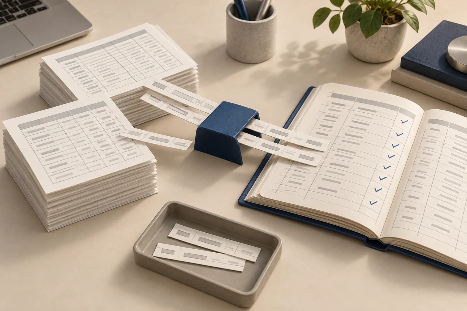 Conceptual illustration of prepared purchase records moving into an accounting ledger with held items separated