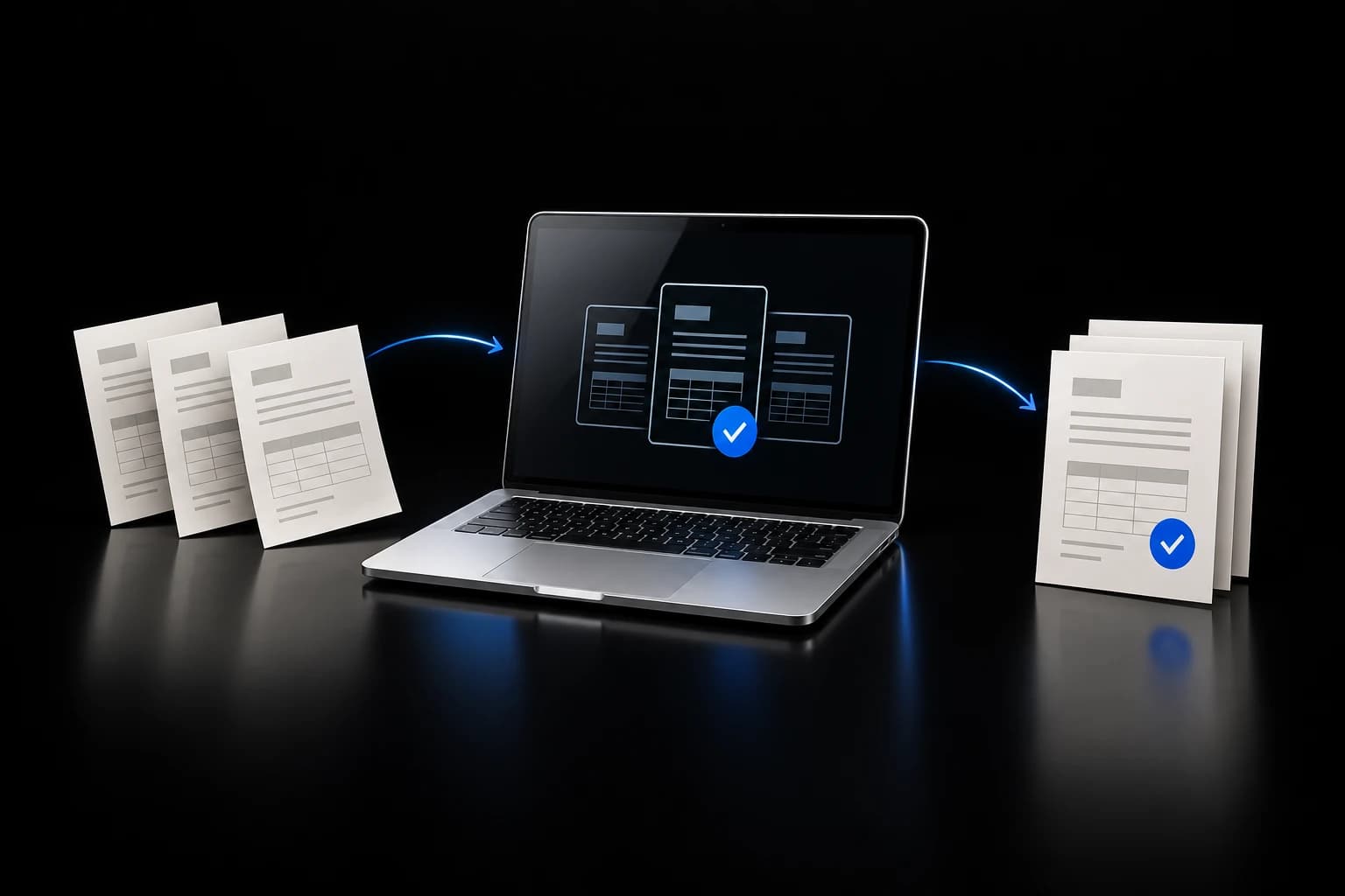 Conceptual illustration of payment paperwork being organized into checked records