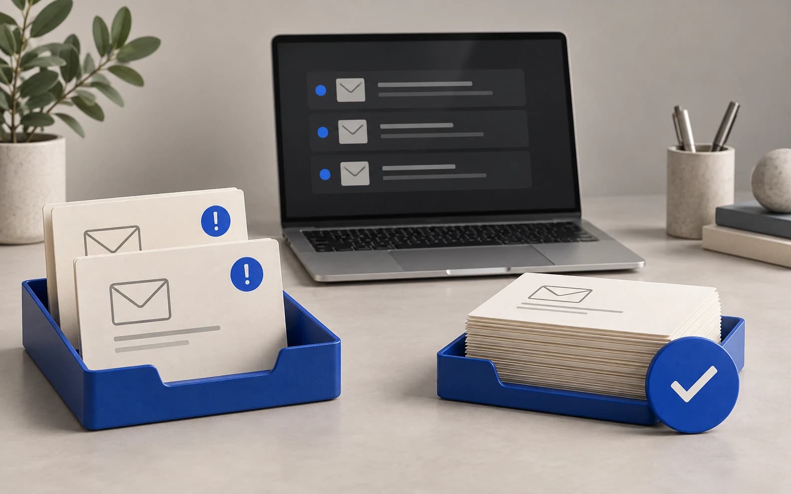 Conceptual illustration of email cards separated into an attention queue and a handled stack around a laptop