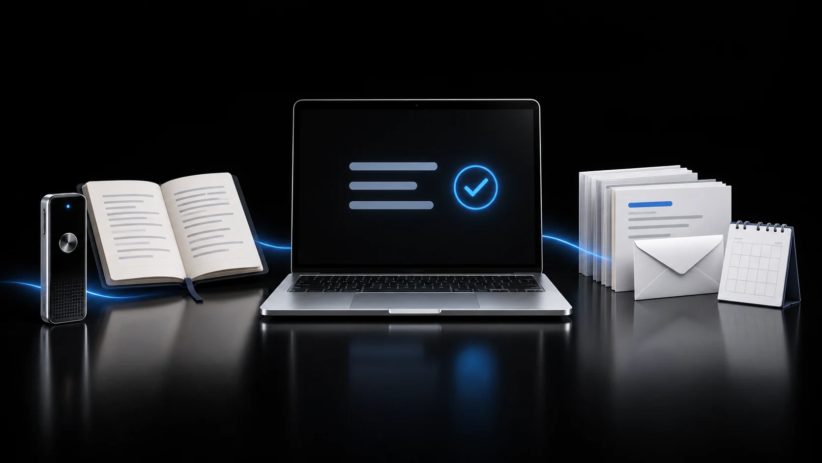 Conceptual illustration of spoken ideas and written drafts alongside a MacBook