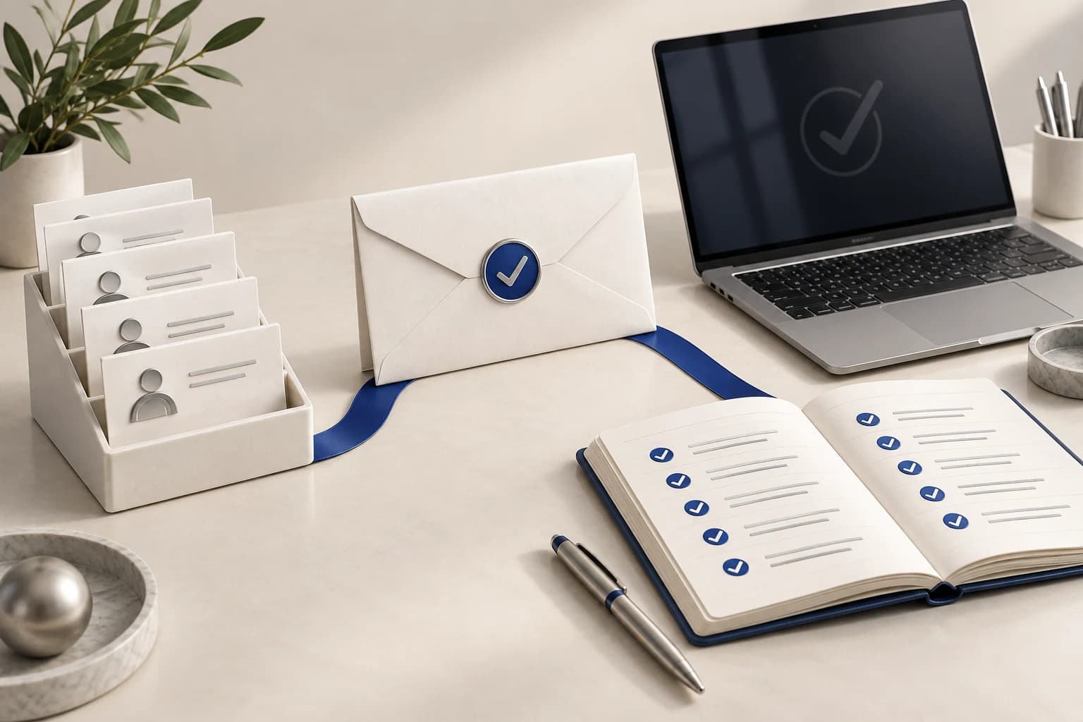 Conceptual illustration of business contact cards, a reviewed email, and an organized contact ledger