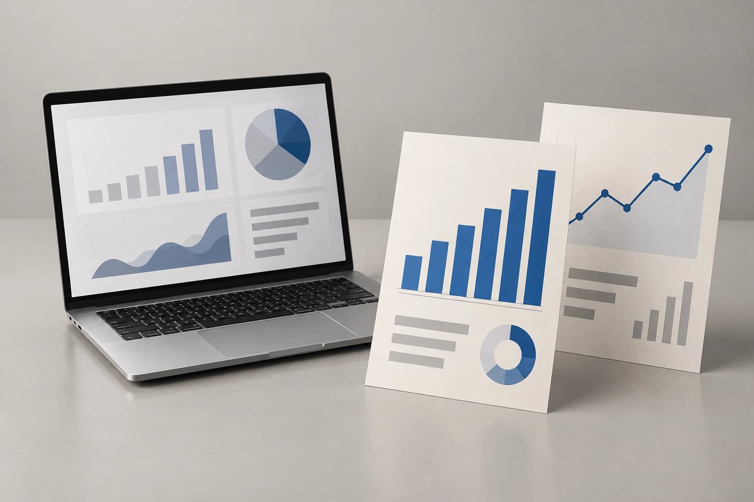Conceptual illustration of two sales report sheets with distinct chart layouts beside a laptop