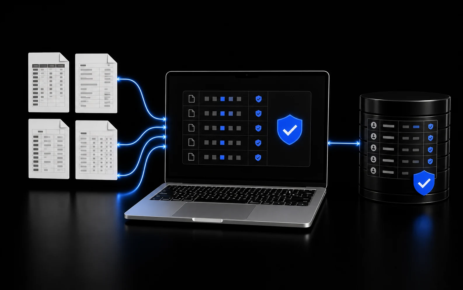 Conceptual illustration of source records being checked and organized on a MacBook