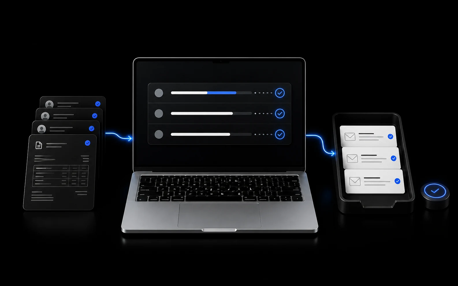 Workflow illustration of customer records becoming review-ready follow-ups through one AI MacBook