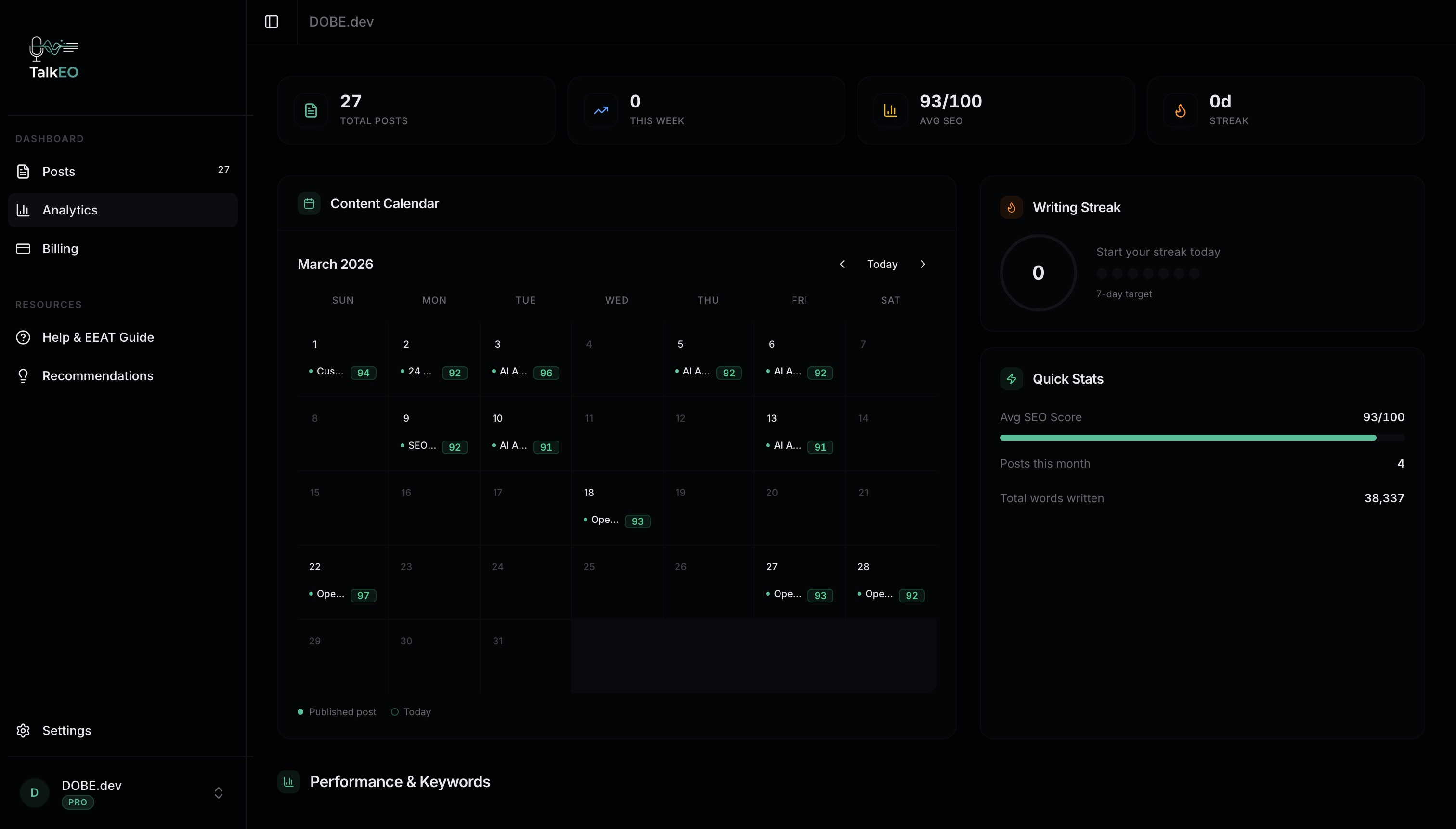 TalkEO analytics dashboard screenshot